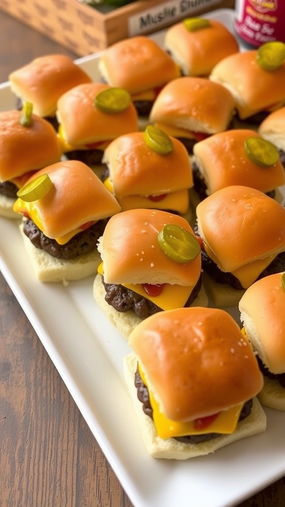 A tempting tray of mini cheeseburger sliders with melted cheese and toppings, ready to be enjoyed.
